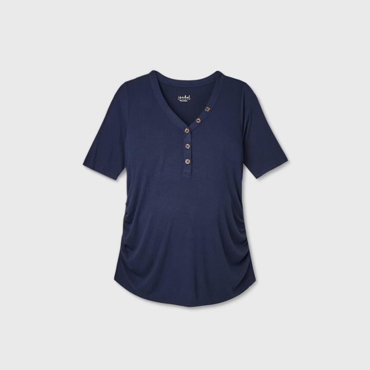 Maternity Elbow Sleeve V-neck Henley Top - Isabel Maternity By Ingrid & Isabel Navy