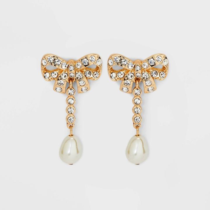 Sugarfix By Baublebar Crystal And Pearl Bow Drop Statement Earrings - Gold/white