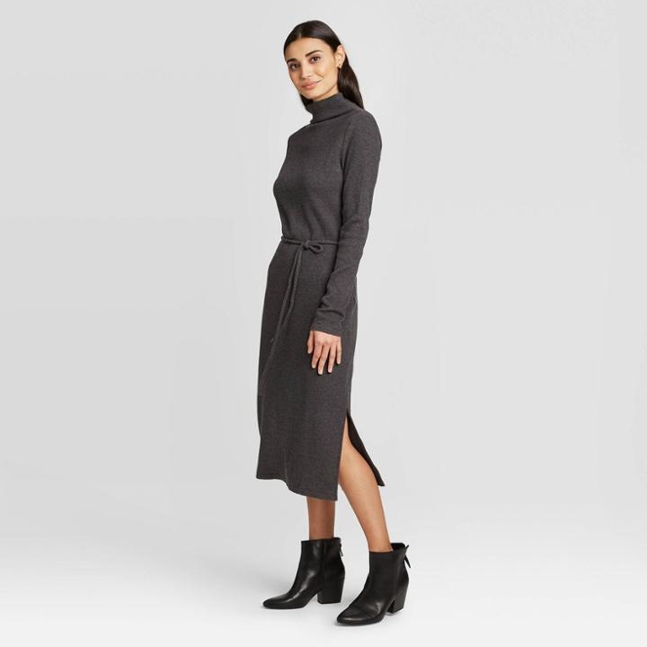 Women's Long Sleeve Mock Turtleneck Belted Knit Midi Dress - A New Day Black