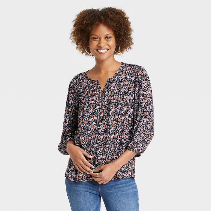 Women's Long Sleeve Button-front Blouse - Knox Rose Black Floral