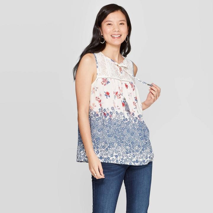 Women's Floral Print Crewneck Tank Top - Knox Rose White