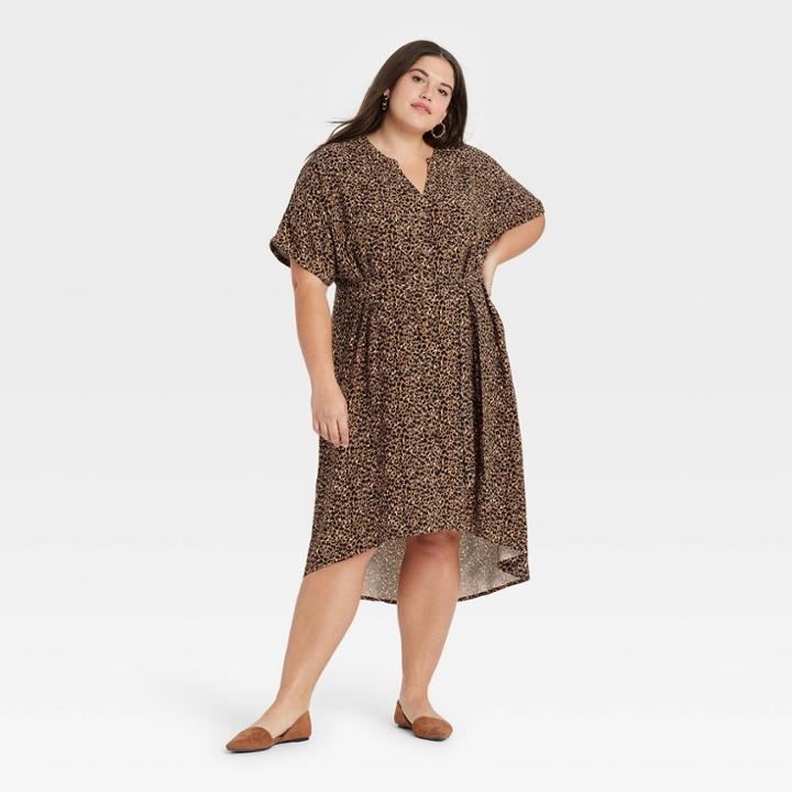 Women's Plus Size Short Sleeve Animal Print Shirtdress - Ava & Viv Brown X