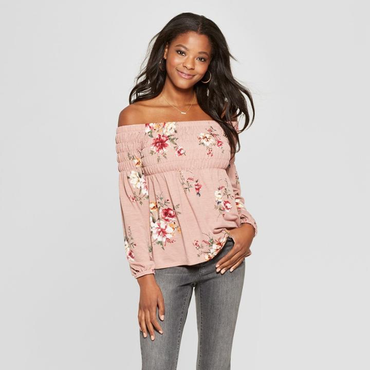 Women's Floral Print Long Sleeve Smocked Off The Shoulder Knit Top - Xhilaration Blush Pink