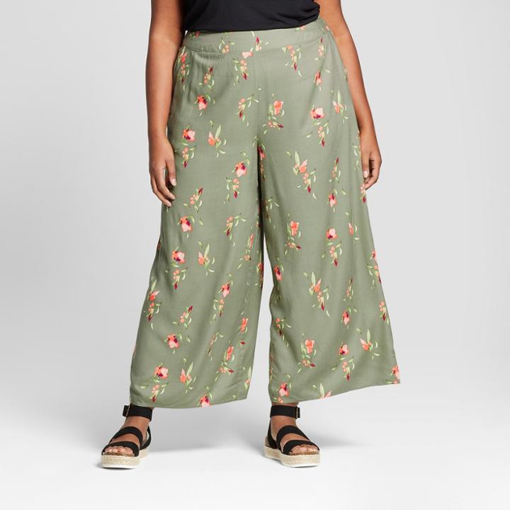 Women's Plus Size Floral Palazzo Pants - Ava & Viv Olive X, Green