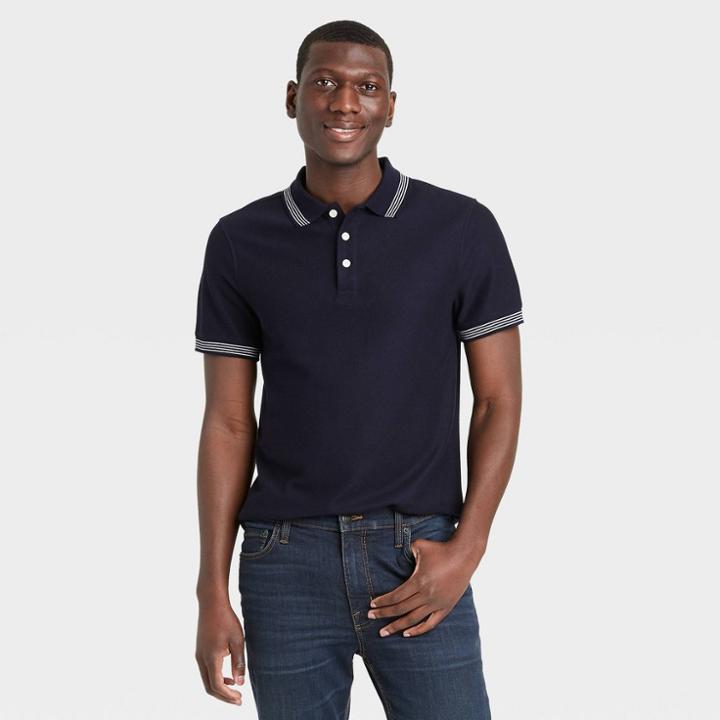 Men's Striped Short Sleeve Collared Polo Jersey Shirt - Goodfellow & Co Federal Blue