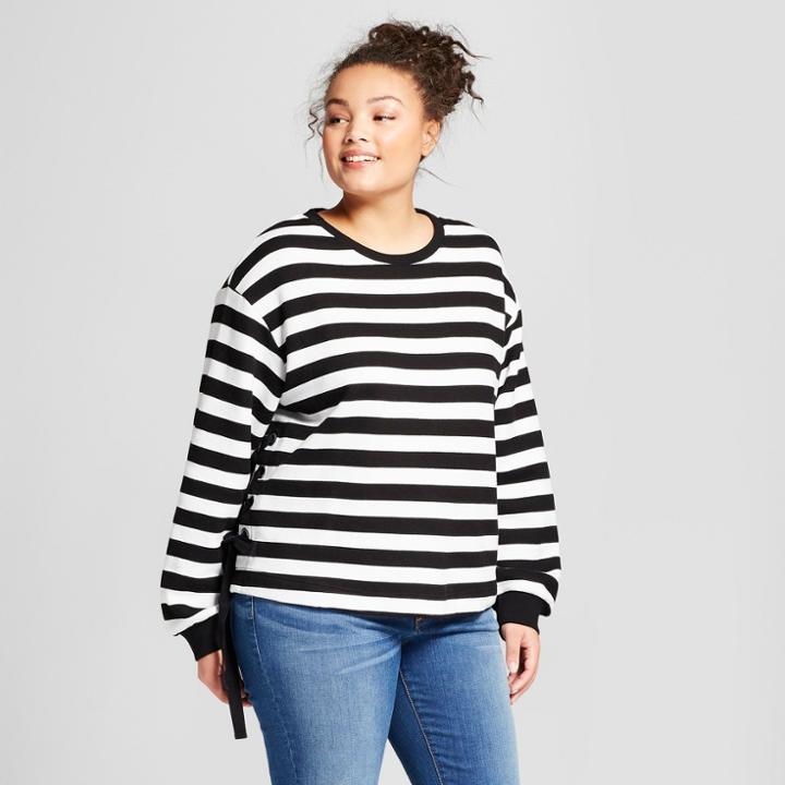 Women's Plus Size Striped Long Sleeve Side Grommet Detail Lace-up Pullover - A New Day Black/white