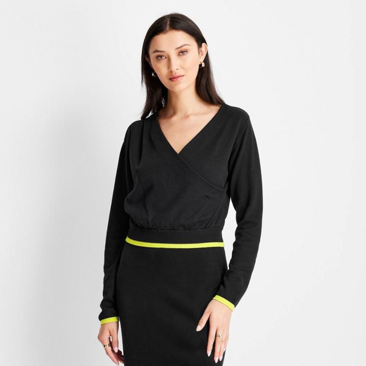 Women's Asymmetrical V-neck Pullover Crop Sweater - Future Collective With Kahlana Barfield Brown Black/lime Xxs