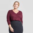 Women's Plus Size Long Sleeve V-neck Ribbed Button-front Cardigan - Ava & Viv Burgundy X, Women's, Red