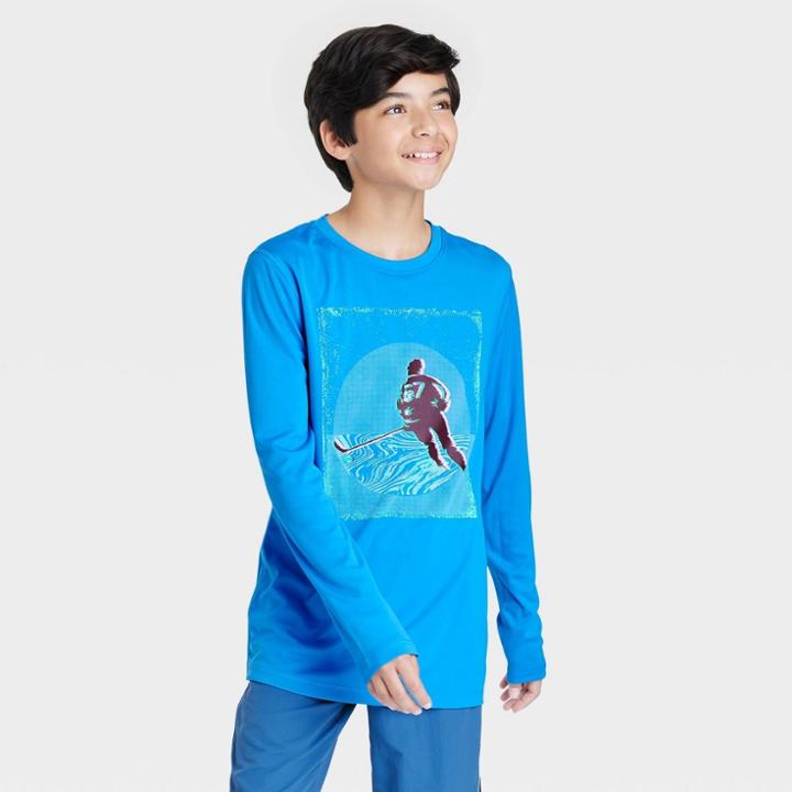 Boys' Long Sleeve Hockey Graphic T-shirt - All In Motion Aqua Blue