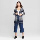 Women's Striped Long Sleeve Slub Pointelle Duster Cardigan - Almost Famous (juniors') Navy