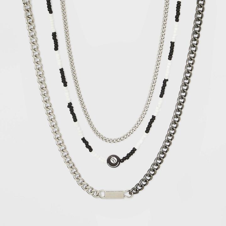 Mixed Metal And Beaded Chain With Eight Ball Charm Trio Necklace - Wild Fable , Grey