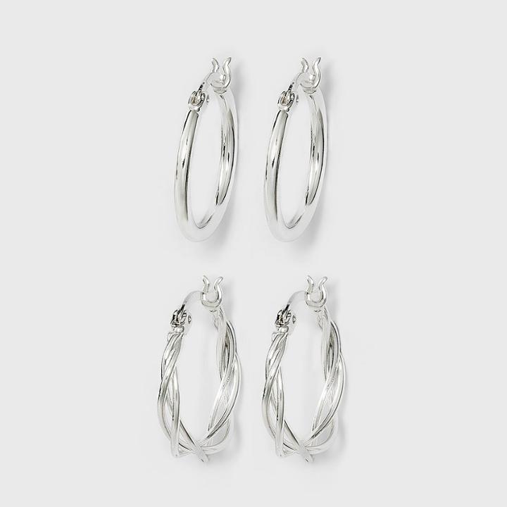 Silver Plated Braided And Polished Hoop Earring Set - A New Day