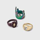 Anodized Paint Drip And Lightning Bolt Signet Ring Set 3pc - Wild Fable
