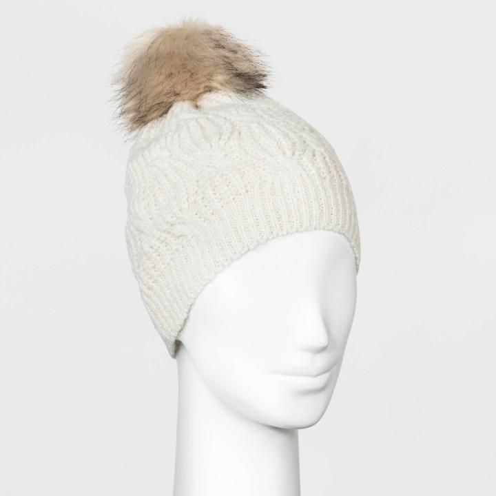 Women's Shaker Cable Pom Beanie - A New Day Oatmeal Heather, Grey