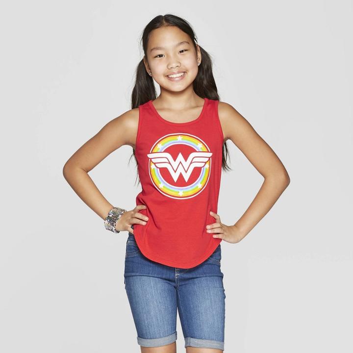 Dc Comics Girls' Wonder Woman Rainbow Tank Top - Red