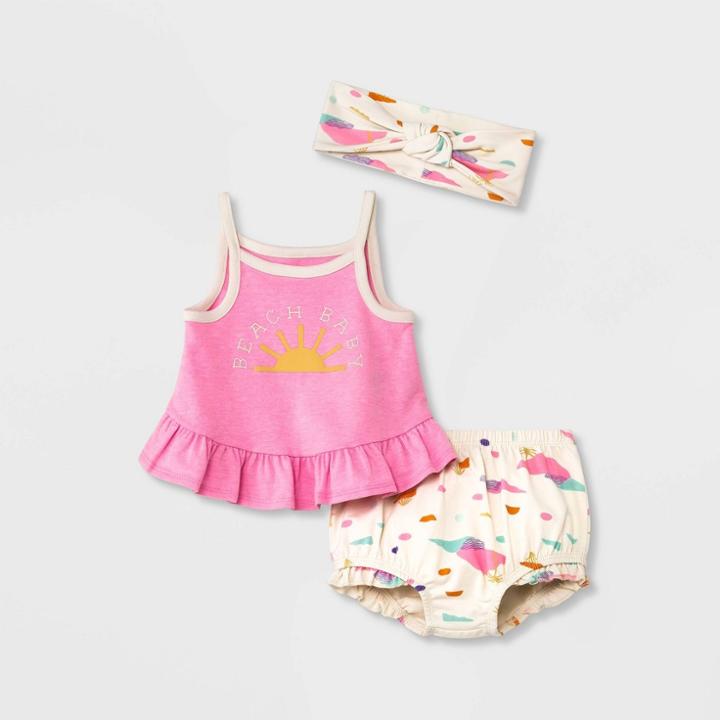 Baby Girls' Beach Baby Top & Bottom Set With Headband - Cat & Jack Pink