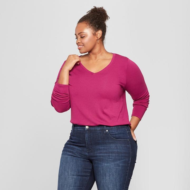 Women's Plus Size Long Sleeve V-neck T-shirt - Ava & Viv Magenta (pink)
