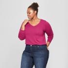 Women's Plus Size Long Sleeve V-neck T-shirt - Ava & Viv Magenta (pink)