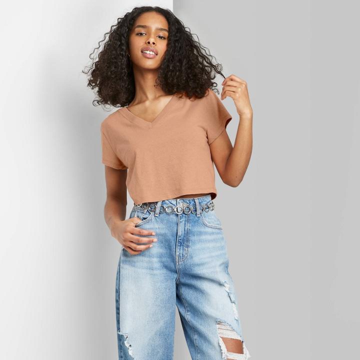 Women's Short Sleeve V-neck Cropped Boxy T-shirt - Wild Fable Camel
