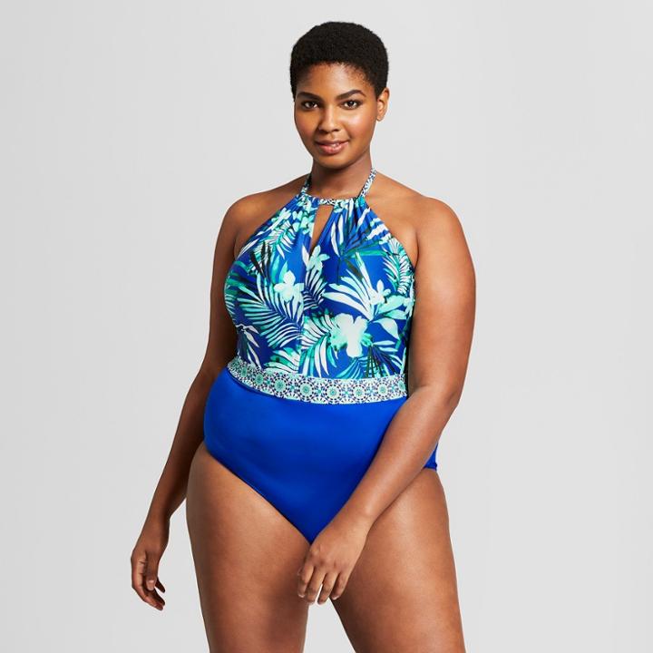 Clean Water Cleanwater Women's Striped High Neck Keyhole One Piece - Blue Floral