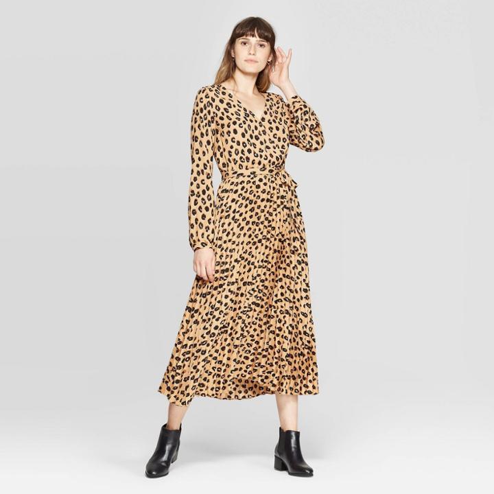 Women's Leopard Print Long Sleeve V-neck Midi Pleated Wrap Dress - A New Day Tan