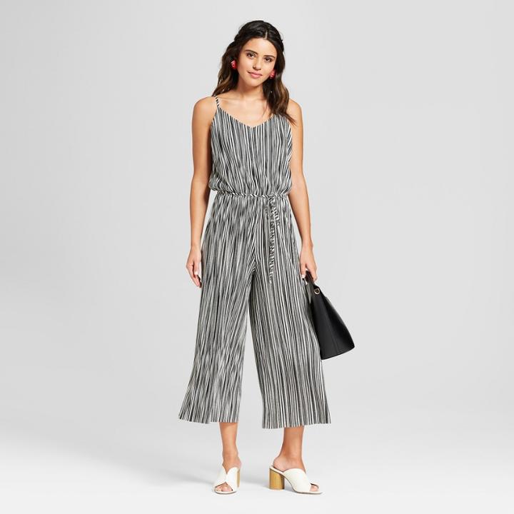 Women's Striped Strappy Black & White Stripe Belted Knit Cropped Jumpsuit - Xhilaration Black/ivory