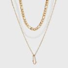 Figaro And Simulated Pearl With Safety Pin Charm Trio Chain Necklace - Wild Fable , White