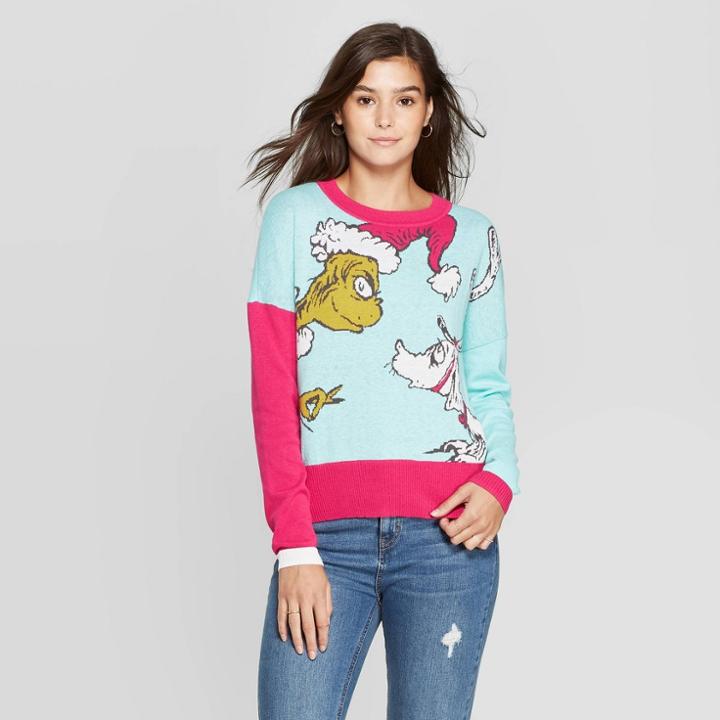 Dr. Seuss Women's Grinch & Max Graphic Sweater (juniors') - Aqua Xl, Women's, Blue