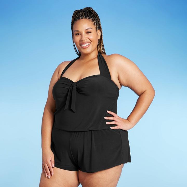 Women's Plus Size Halter Swim Romper - Aqua Green Black