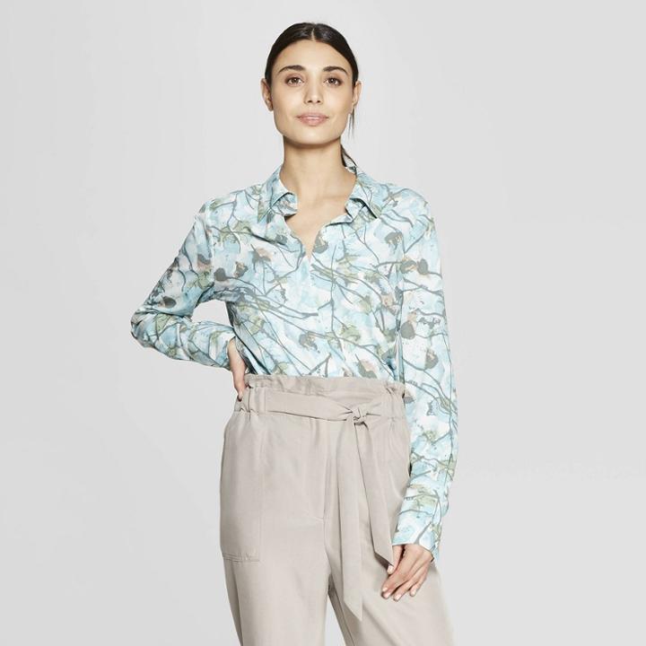 Women's Floral Print Long Sleeve Collared Front Button-down Blouse - Prologue Blue