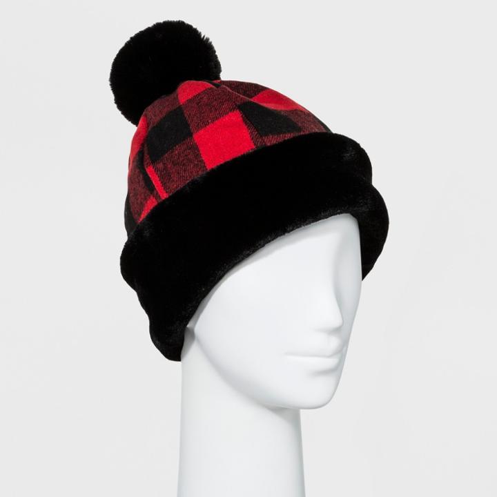 Chaos Women's Red Buffalo Plaid Fleece Hat With Faux Fur Cuff & Pom - Black