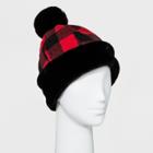 Chaos Women's Red Buffalo Plaid Fleece Hat With Faux Fur Cuff & Pom - Black