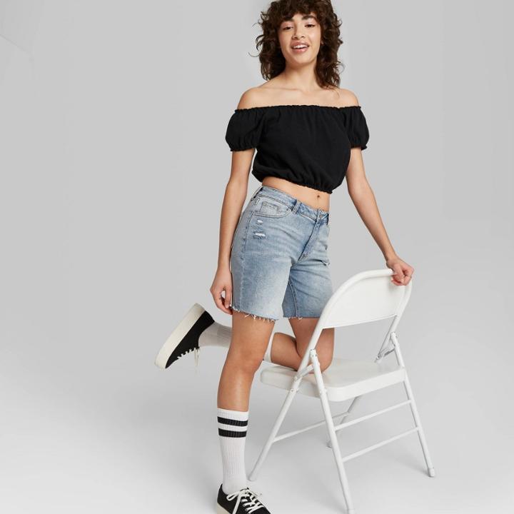 Women's Puff Short Sleeve Ribbed Cropped Top - Wild Fable Black