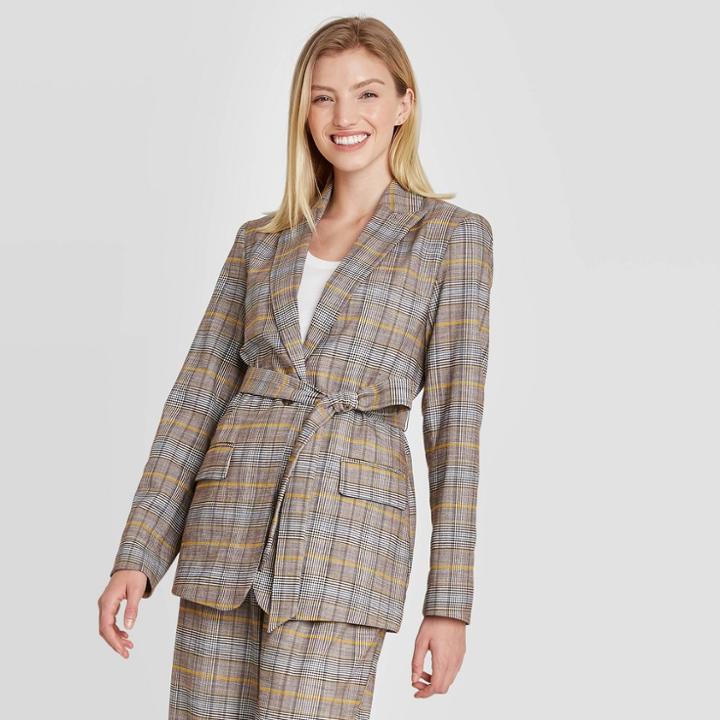 Women's Plaid Tie Waist Blazer - A New Day Brown