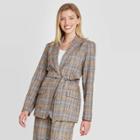 Women's Plaid Tie Waist Blazer - A New Day Brown