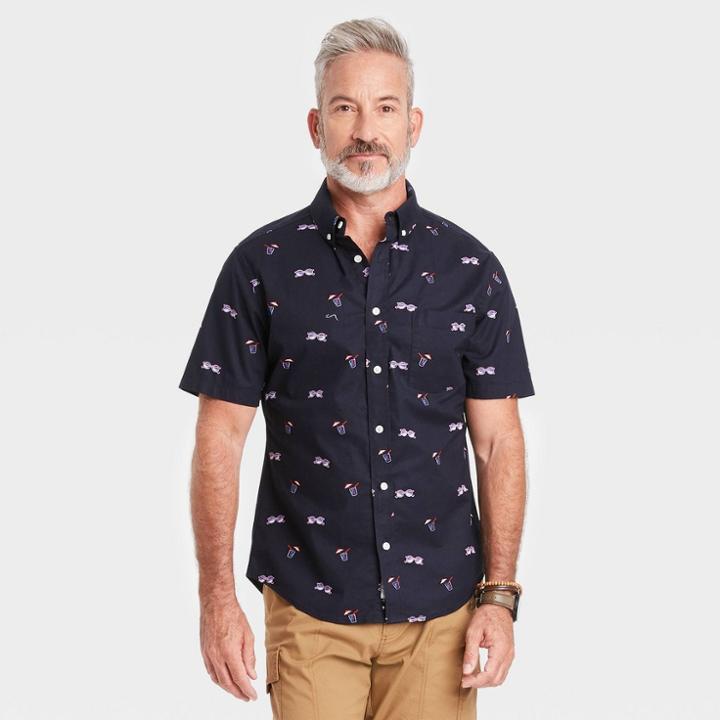Men's Slim Fit Stretch Poplin Short Sleeve Button-down Shirt - Goodfellow & Co Deep Navy