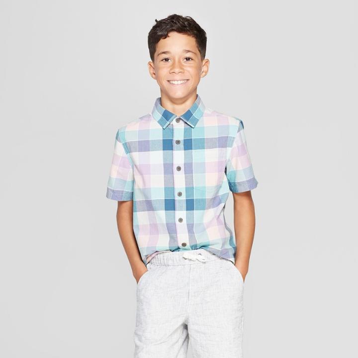 Boys' Woven Plaid Short Sleeve Button-down Shirt - Cat & Jack Turquoise/pink