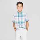 Boys' Woven Plaid Short Sleeve Button-down Shirt - Cat & Jack Turquoise/pink