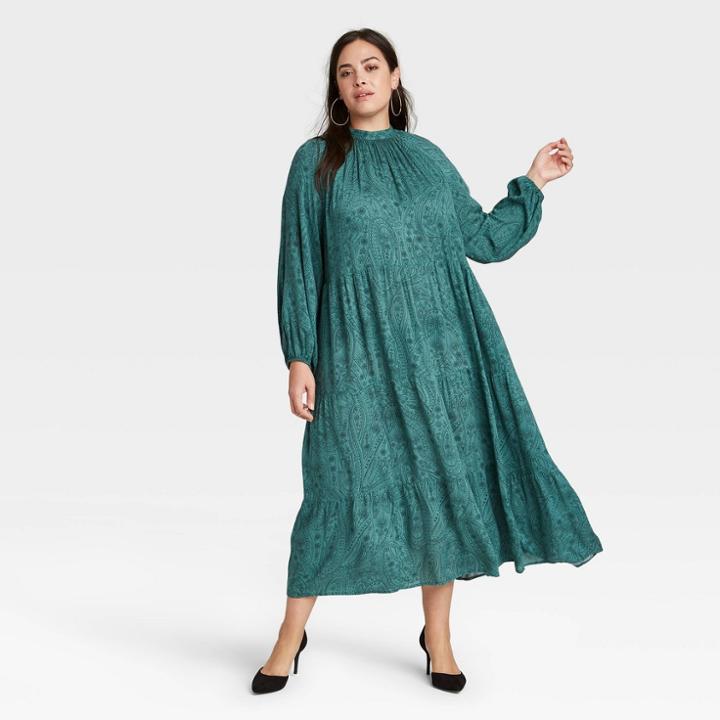 Women's Plus Size Printed High Neck Long Sleeve Tiered Dress - A New Day Green