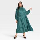 Women's Plus Size Printed High Neck Long Sleeve Tiered Dress - A New Day Green