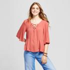 Women's Woven Lace-up Blouse - Mossimo Supply Co. Burgundy