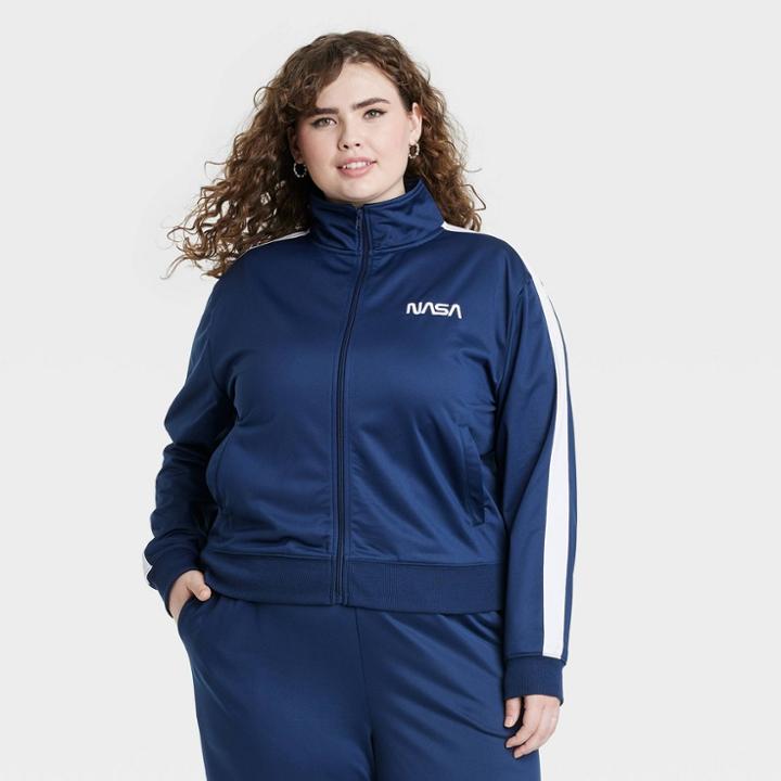 Women's Nasa Plus Size Graphic Zip-up Sweatshirt - Blue