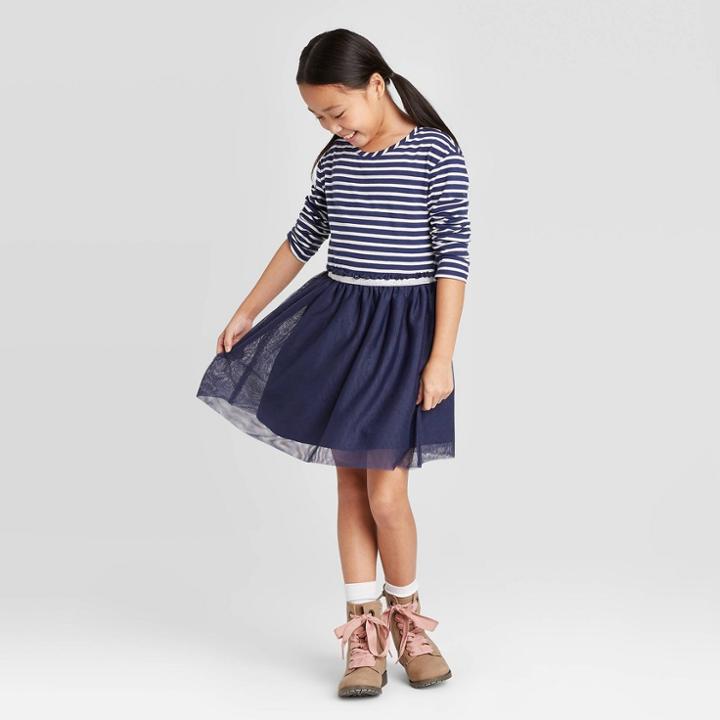 Girls' Long Sleeve Striped Tutu Dress - Cat & Jack Navy Xs, Girl's, Blue
