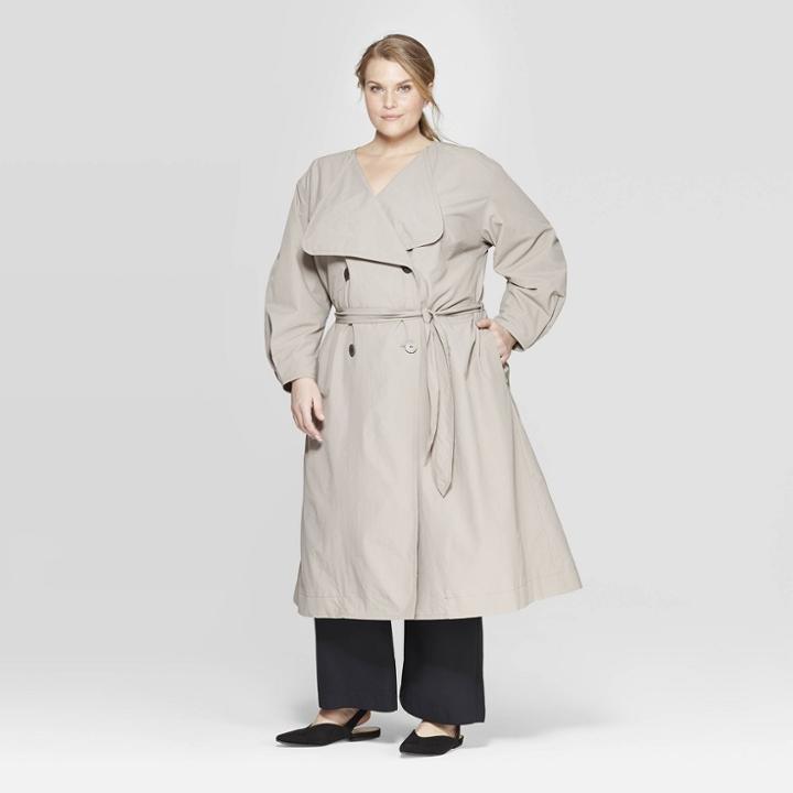 Women's Plus Size Long Sleeve Front Button-down Trench Coat - Prologue Gray X