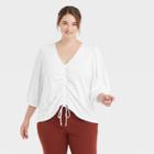 Women's Plus Size Puff 3/4 Sleeve V-neck Front Ruched Top - A New Day White