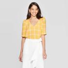 Women's Plaid Short Sleeve V-neck Blouse - A New Day Gold