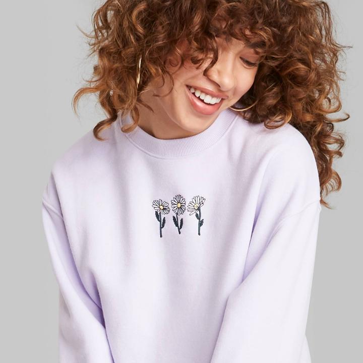 Women's Oversized Crewneck Sweatshirt - Wild Fable Lavender With Daisy Embroidery Xs, Purple With Daisy Embroidery