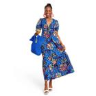 Women's Mixed Floral/polka Dot Print Puff Sleeve Midi Dress - Tabitha Brown For Target Blue/orange