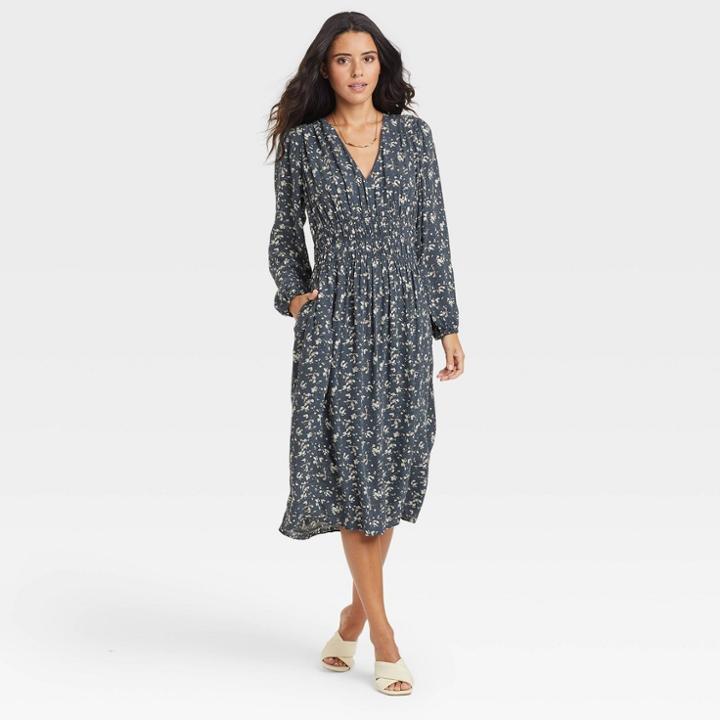 Women's Long Sleeve Smocked Waist Dress - A New Day Navy Floral Print Xs, Blue Floral Print