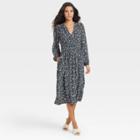 Women's Long Sleeve Smocked Waist Dress - A New Day Navy Floral Print Xs, Blue Floral Print